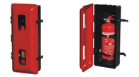 赤い屋内消火器の箱の消火ホースの巻き枠および消火器のキャビネット